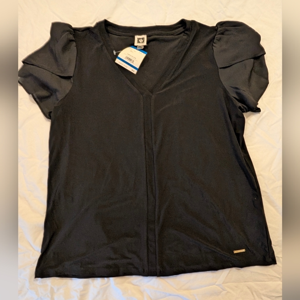 NWT Anne Klein Black V-Neck Blouse with Flutter Sleeves